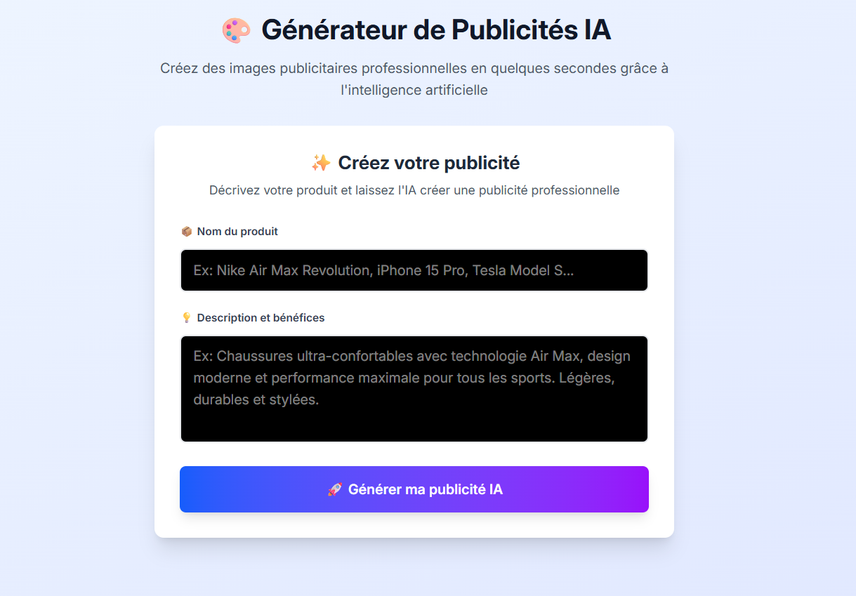 Générateur de Publicités IA - Création d'images publicitaires automatisée